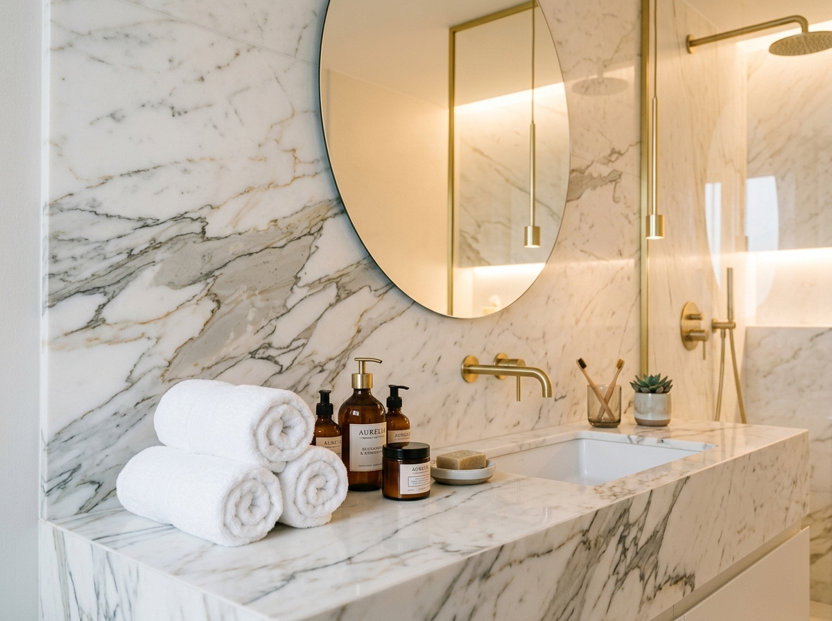 Banheiro higienizado com toalhas dobradas e amenities