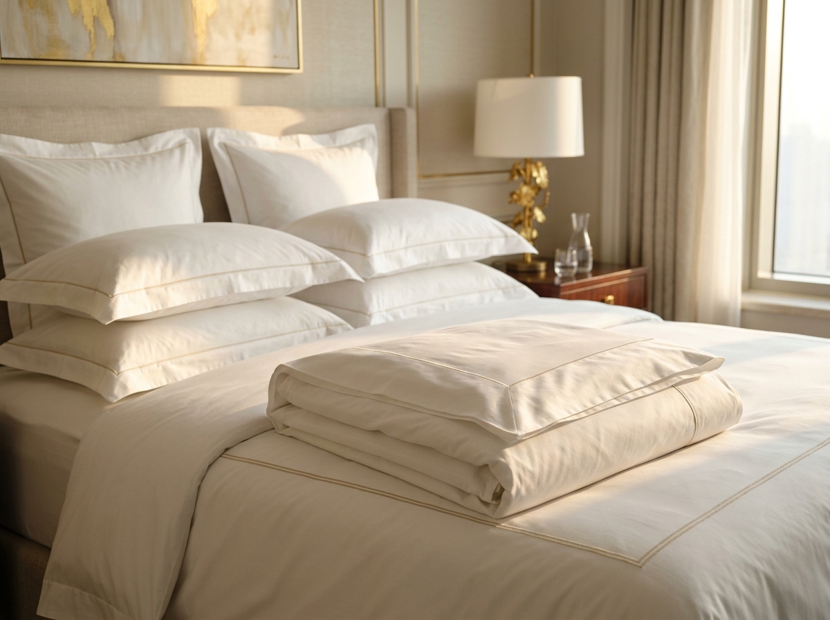 Enxoval de cama branco dobrado com padrão hoteleiro