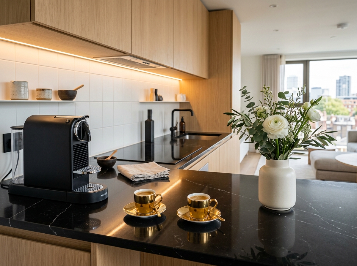 Cozinha higienizada com cafeteira e espaço para café